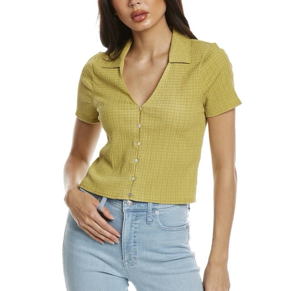 Madewell Jandra Crinkle Shirt Women V Neck Button Crop Short Sleeve